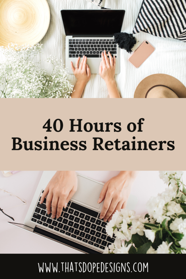 Get 40 Hours of Business Retainers, including branding, print, web, and marketing designs. Enjoy priority scheduling and a $100 discount.